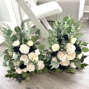 Set of 2 Aisle Flowers Floor Arch Arrangement Wedding Aisle Marker Arbor Arrangements White Navy Flowers Eucalyptus Wedding White Green