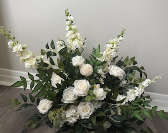 Floor Arch Free Standing Arch Arrangement Aisle flowers White and Green Wedding Arch Table Floor Arrangements Barrel Arrangements