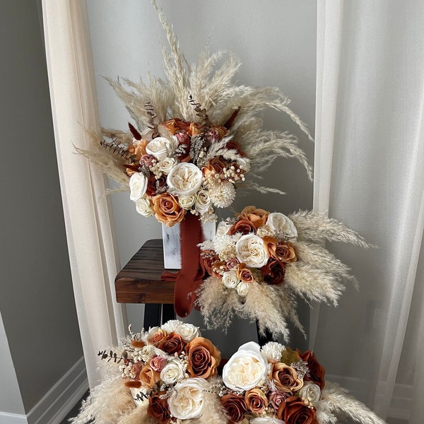 Gebrannte Orange Natürliche konservierte Blumen Boho Pampas Bunny Tails Hochzeit Boho Brautstrauß Hochzeitsstrauß Getrocknete Blumen Brautjungfer Bouquet