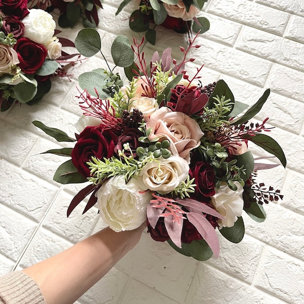 Boho Wedding Bouquet Burgundy Pale Blush Pink Eucalyptus Wedding Maroon Bouquet Deep Red Flowers Cream Mauve Faux Flowers Wedding Dusty Rose
