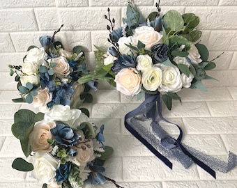 Wedding Bouquet Set Boho Dusty Blue Decorative Bridal Wedding Bouquets Bridesmaid Handmade Artificial Faux Flowers Boutonniere Bout