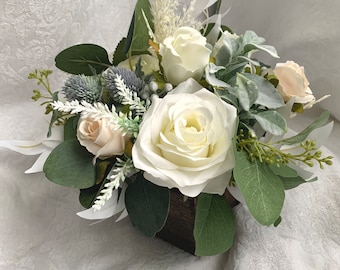 Centrepiece Wedding Table Arrangement Boho Dusty White Decorative Bridal Wooden Vase Handmade Artificial Faux Flowers Boutonniere Bout