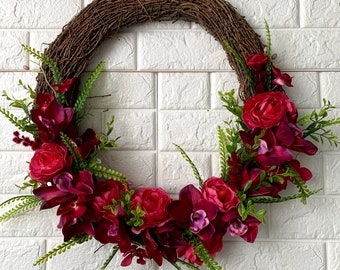 Hot Pink Orchid Lente Zomerdeur Krans Bloemen Bourgondië Kransen Handgemaakte 18 " Julap kunstbloemen donkerroze krans