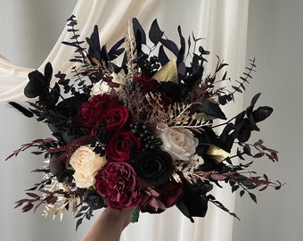 Black Gold Boho Burgundy Black Wedding Boho Bridal Bouquet Wedding Bouquet Greenery Artificial Flowers Bridesmaid Bouquet