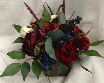 20 Centrepieces Burgundy Navy Wedding Table Arrangement Boho Maroon Blue Decorative Bridal Wooden Vase Handmade Artificial Faux Flowers