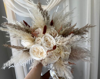 Boho Orange Brown Terracotta Pampas Wedding Boho Bridal Bouquet Ivory Wedding Bouquet Dusty Greenery Artificial Flowers Bridesmaid Bouquet