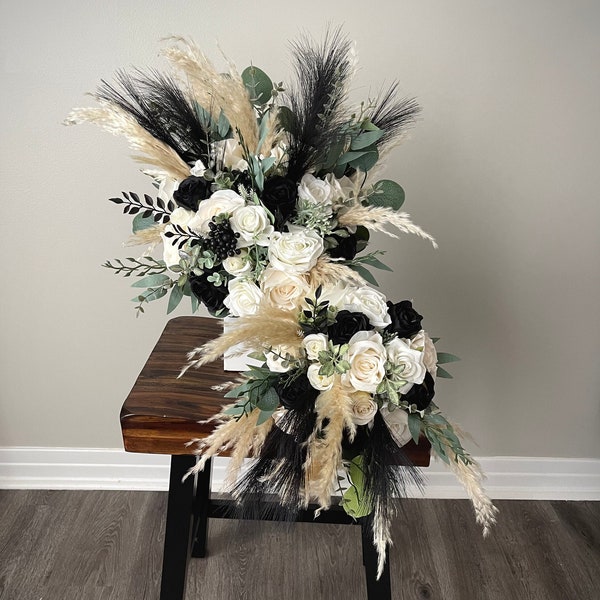 White and Black Pampas Wedding Arch Arrangement Arbor Ties Arrangements Black Cream Ivory Wedding Artificial Faux Flowers Wedding