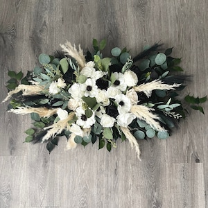 White and Black Anemones Pampas Wedding Arch Arrangement Arbor Ties Arrangements Black Cream Ivory Wedding Artificial Faux Flowers Wedding