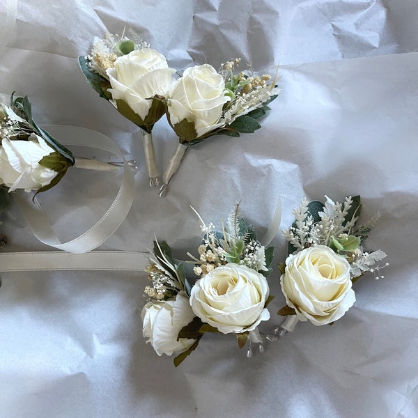 Peony Wedding Boutonnière Ivory Boutonnieres Corsages White Groomsmen Groom Green Artificial Faux Wedding Flowers Modern Wedding Decor