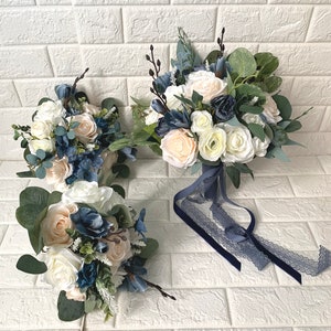 Juego de ramos de boda Boho Azul polvoriento decorativo ramos de novia Ramos de novia Dama de honor Hecha a mano Flores falsas artificiales Boutonniere Boutonniere Bout
