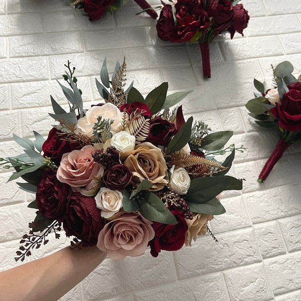 Wedding Bouquet Burgundy Beige Gold Eucalyptus Wedding Maroon Bouquet Deep Red Flowers Cream Mauve Faux Flowers Wedding Dusty Rose