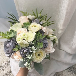 Wedding Bouquet Set Boho Dusty Blue White Decorative Bridal Wedding Bouquets Bridesmaid Handmade Artificial Faux Flowers Boutonniere Bout