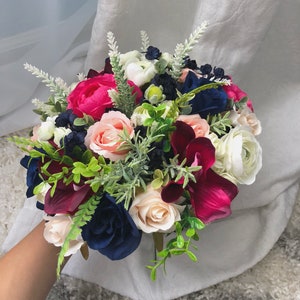 Boda Bouquet Set Boho Azul Borgoña Decorativo Novia Ramos de Boda Dama de honor hechos a mano flores artificiales sintéticas Boutonniere Bout