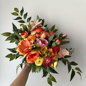 Pink Orange Wedding Bouquet Yellow Tropical Green Bouquets Bridal Wedding Peach Orange Pink Bouquets Bridesmaid Faux Flowers Boutonniere