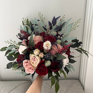 Boho Wedding Bouquet Burgundy Eucalyptus Wedding Maroon Bouquet Deep Red Flowers Blush Cream Mauve Faux Flowers Wedding Style Dusty Rose