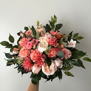 Coral Blush Pink Peony Bouquet Hochzeit Peony Brautstrauß Blush Ivory Brautstrauß Brautjungfer Bouquet Tropical Moms Dahlien