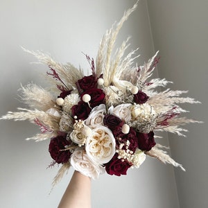 Boho Bouquet Burgundy Brown Pampas Wedding Bridal Bouquet Ivory Wedding Bouquet Dusty Greenery Artificial Faux Flowers Bridesmaid Bouquet