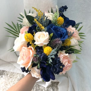 Wedding Bouquet Burgundy Navy Blue Yellow Boho Eucalyptus Wedding Blush Package Handmade Artificial Faux Flowers Wedding Decor