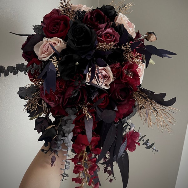 Cascading Black Burgundy Bouquet Black Wedding Boho Bridal Bouquet Wedding Bouquet Greenery Artificial Flowers Bridesmaid Bouquet