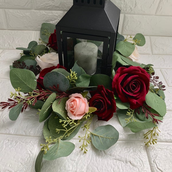 Burgundy Wedding Table Centerpiece Lantern Wreath Candle Centerpiece Package Handmade Artificial Faux Flowers Burgundy Maroon Flowers