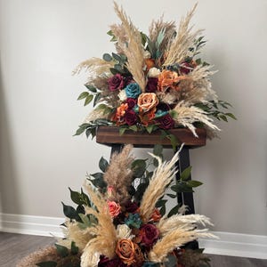 Set of 2 Burnt Orange Teal Aisle Flowers Floor Arch Arrangement Wedding Aisle Marker Terracotta Flowers Eucalyptus Wedding Rust