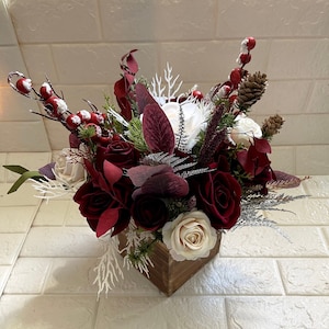 Christmas Centrepieces Burgundy Ivory Red Bouquet Christmas Winter Centrepiece Christmas Decor Burgundy Xmas Pine Tree Merry Christmas