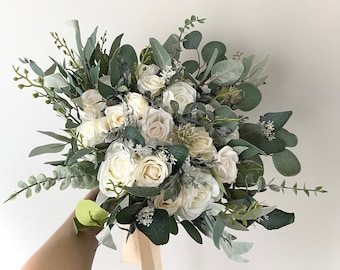 Eucalipto bianco e verde Bouquet spose Bouquet da sposa bianco avorio Bouquet di avorio bianco fiori Bouquet da sposa eucalipto matrimonio Decor