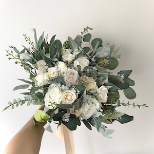 White Eucalyptus and Greenery Bouquet Brides Ivory White Wedding Bouquet White Ivory Bouquet Flowers Bridal Bouquet Eucalyptus Wedding Decor