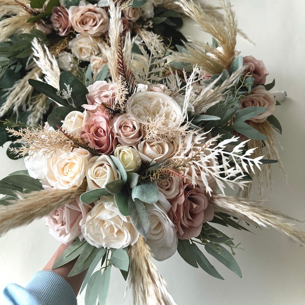 Boho Ivory Blush Dusty Pink White Peony Roses Bouquet Accents Wedding Boho Bridal Bouquet Ivory Wedding Bouquet Dusty Bridesmaid Bouquet