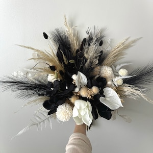 White and Black Pampas Wedding Bouquet Palm Leaves Arbor Ties Arrangements Black Cream Ivory Wedding Artificial Faux Flowers Wedding