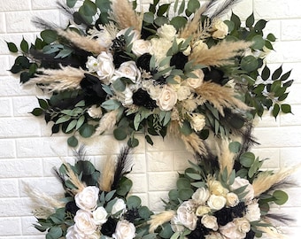 White and Black Pampas Wedding Arch Arrangement Arbor Ties Arrangements Black Cream Ivory Wedding Artificial Faux Flowers Wedding