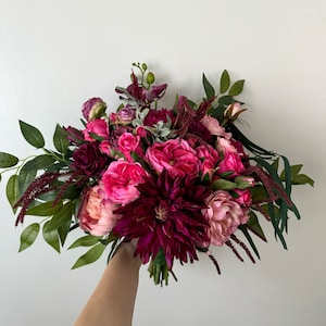 Dahlia Moms Fuchsia Viva Magenta Hot Pink Deep Pink Wedding Bouquet Tropical Green Flower Bouquets Bridal Wedding Marsala Pink Bouquets