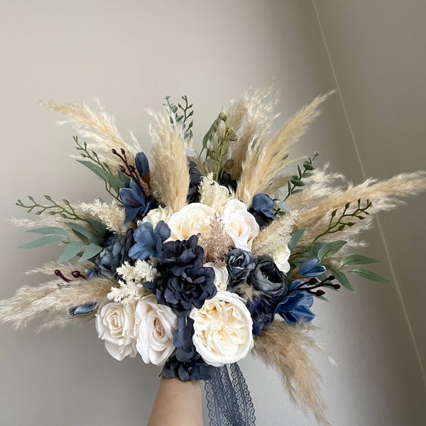 Boho Dusty Blue White Ivory Pampas Wedding Boho Bridal Bouquet Ivory Wedding Bouquet Blue Ivory Artificial Faux Flowers Bridesmaid Bouquet