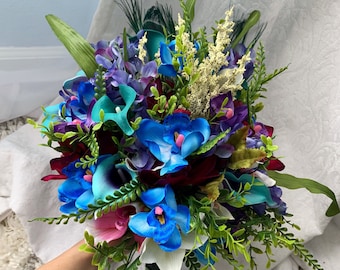 Wedding Bouquet Tropical Green Blue Purple Fuchsia Bouquets Bridal Wedding Teal Turquoise Bouquets Bridesmaid Faux Flowers Boutonniere