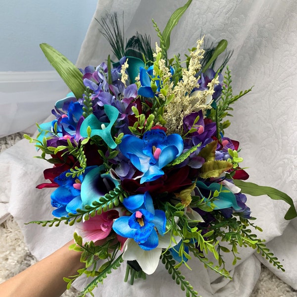 Hochzeit Bouquet tropischen grün blau lila Fuchsia Blumensträuße Braut Hochzeit Petrol Türkis Blumensträuße Brautjungfer Faux Blumen Boutonniere