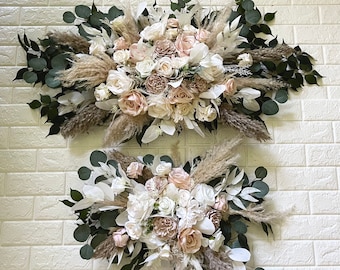 Boho Pampas Hierba Boda Arreglo de arco Blanco Rubor Marfil Arbor Arreglos Flores Blancas Eucalipto Boda Blanco Verde Decoración de bodas