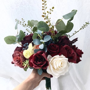 Wedding Bouquet Burgundy Eucalyptus Wedding Maroon Bouquet Package Deep Red Flowers Blush Cream Artificial Faux Flowers Wedding