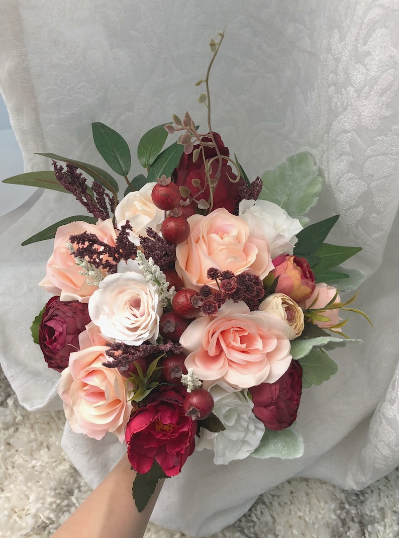 Wedding Bouquet Burgundy Navy Blue Red Peony Eucalyptus Wedding Maroon Package Handmade Artificial Faux Flowers Wedding Decor