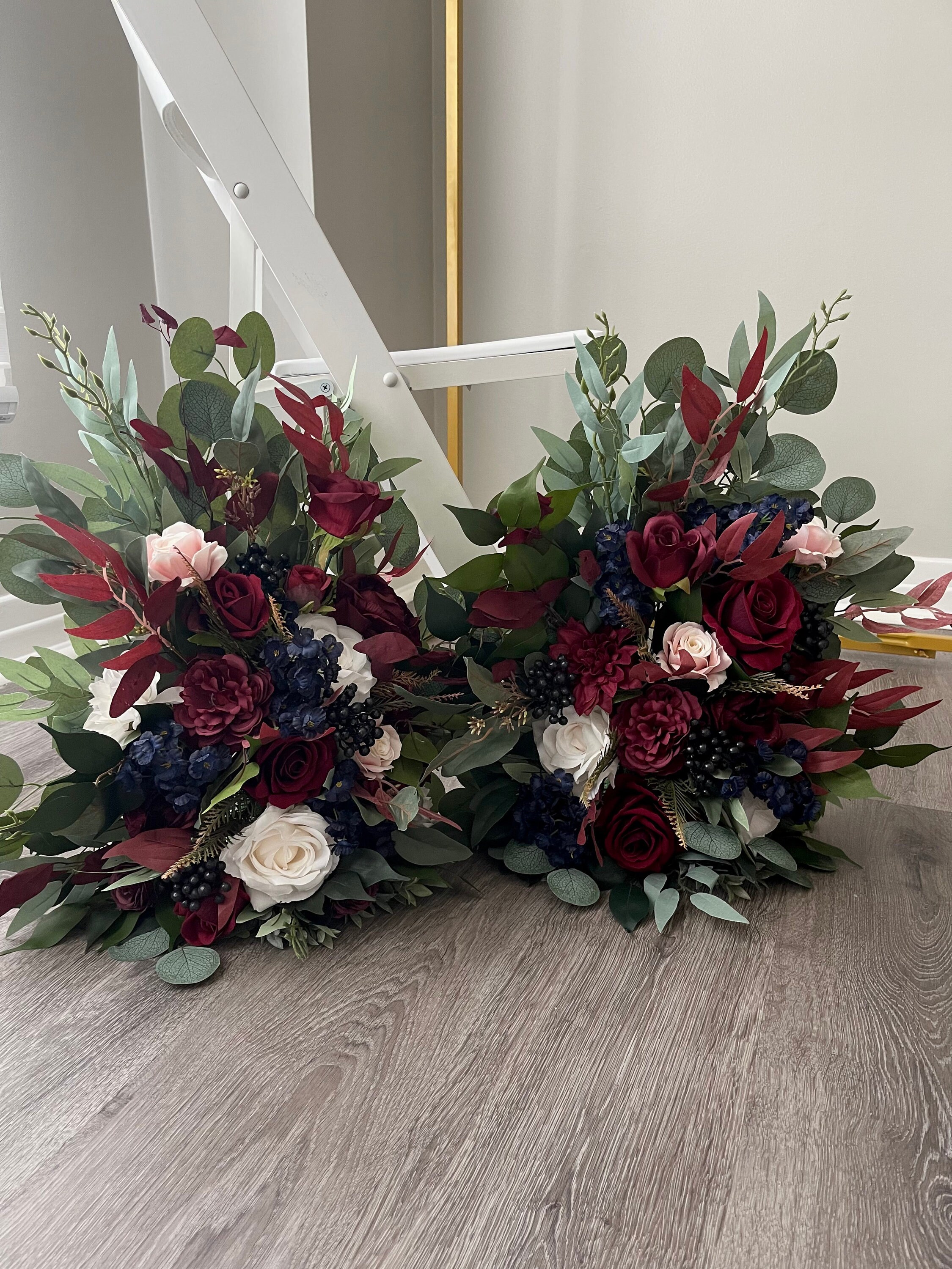 CherishedMoments Set di 3 decorazioni per torte, fiori artificiali per matrimoni, colore: bordeaux e blu navy, decorazioni per torta per cerimonia nuziale, anniversario, decorazione per la casa di