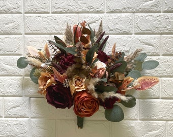 Boho Naranja Marrón Terracota Boda Boho Bridal Bouquet Ivory Wedding Bouquet Dusty Greenery Artificial Faux Flowers Bridesmaid Bouquet