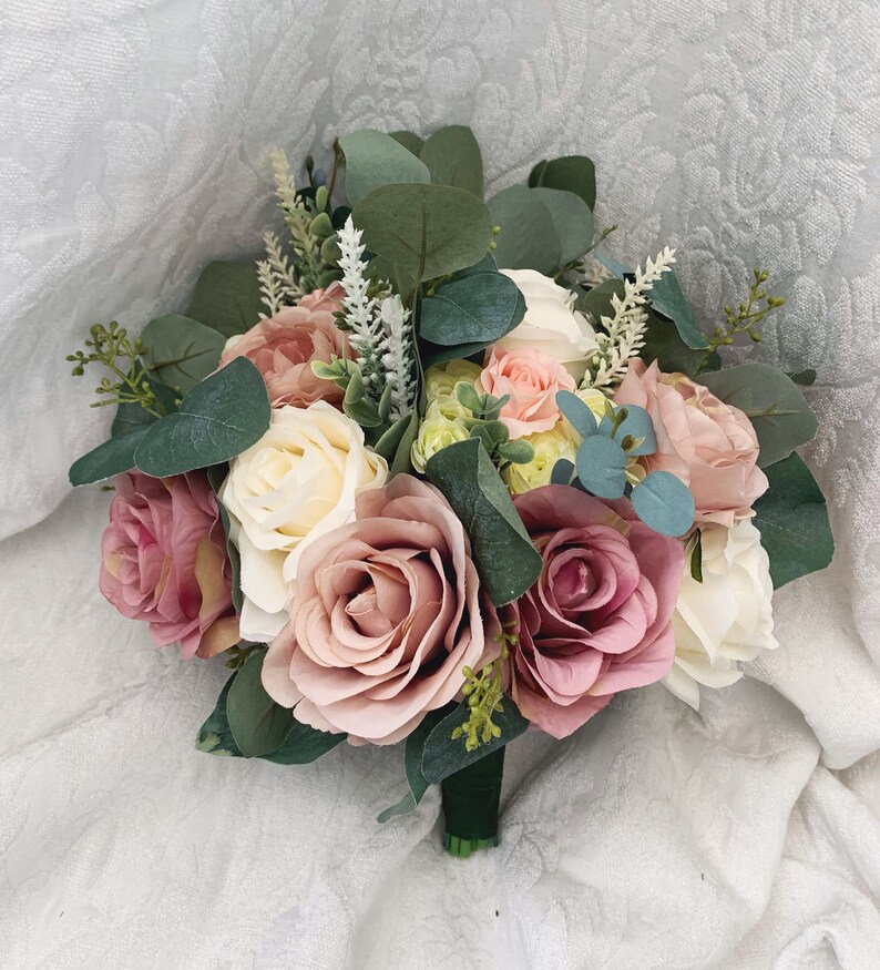 Mauve Wedding Boho Bridal Bouquet Dusty Rose Wedding Bouquet Dusty Greenery Artificial Faux Flowers Ivory Bridesmaid Bouquet Flowers Steel