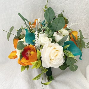 Boda Ramo Boho Polvo Verde Naranja Teal Blanco Decoración Anemone Novia Boda Ramos de novia Dama Artificial flores artificiales Boutonniere