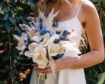 Magnolia Dusty Blue Bridal Bouquet White Magnolia Pampas Boho Wedding Boho Bridal Bouquet Ivory Wedding Bridesmaid Bouquet