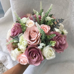 Mauve Wedding Boho Bridal Bouquet Dusty Rose Wedding Bouquet Dusty Greenery Artificial Faux Flowers Ivory Bridesmaid Bouquet Flowers Steel