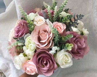Mauve Wedding Boho Bridal Bouquet Dusty Rose Wedding Bouquet Dusty Greenery Artificial Faux Flowers Ivory Bridesmaid Bouquet Flowers Steel