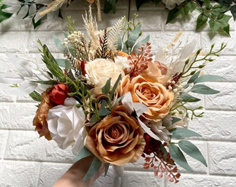 Boho Orange Brown Terracotta Wedding Boho Bridal Bouquet Ivory Wedding Bouquet Dusty Greenery Artificial Faux Flowers Bridesmaid Bouquet