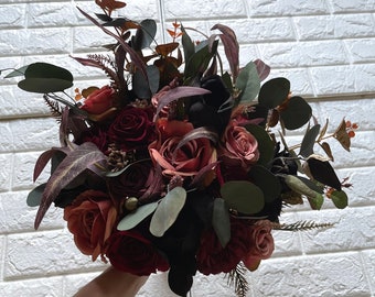 Negro Gótico Malva Borgoña Eucalipto Boda Borgoña Boho Ramo de novia Negro Oscuro Ramo de boda Verde Verde Falso Artificial Flores
