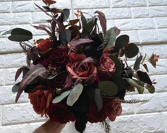 Black Gothic Mauve Burgundy Eucalyptus Wedding Burgundy Boho Bridal Bouquet Black Dark Wedding Bouquet Greenery Artificial Faux Flowers