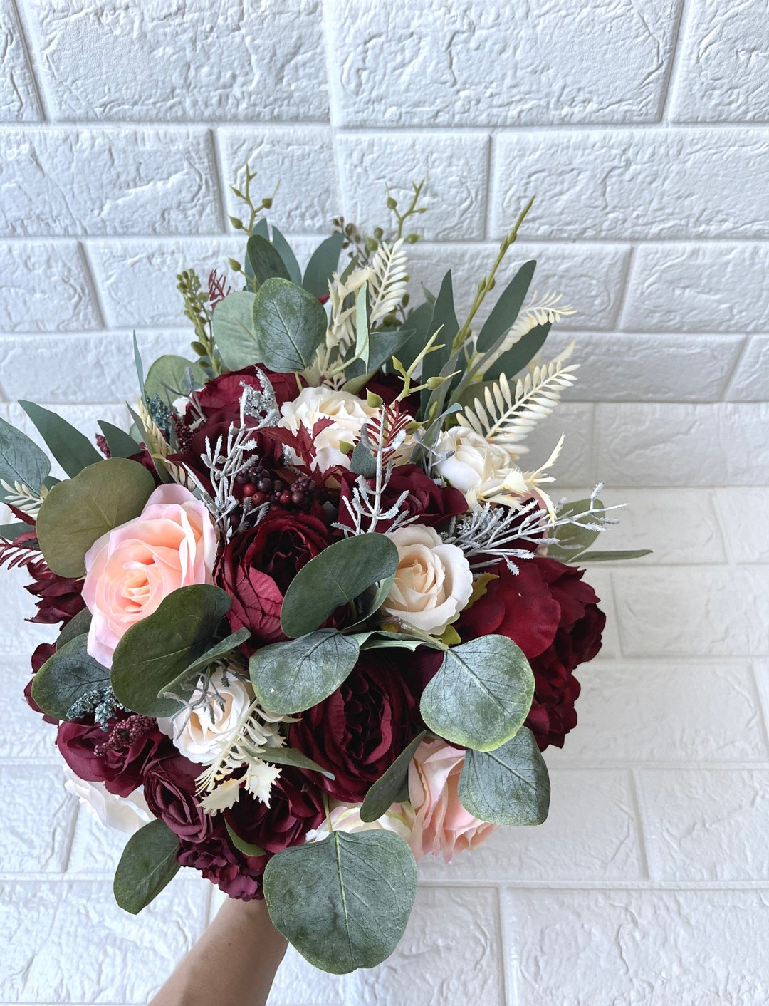 Boho Hochzeitsstrauß Bordeaux Blush Eukalyptus Hochzeit WeinrotEr Blumenstrauß dunkelrot Blumen Blush Creme Navy Blumen Hochzeit Stil Dusty Rose