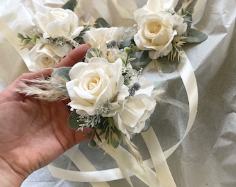 Wedding Corsage Ivory Boutonnieres Corsages White Groomsmen Groom Handmade Green Artificial Faux Wedding Flowers Modern Wedding Decor